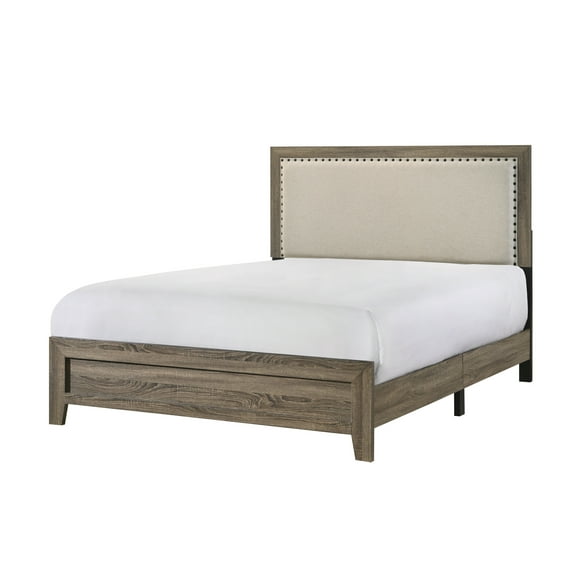 Grey Finish Fabric Upholstered Headboard Tufted Nailhead Trim King Size