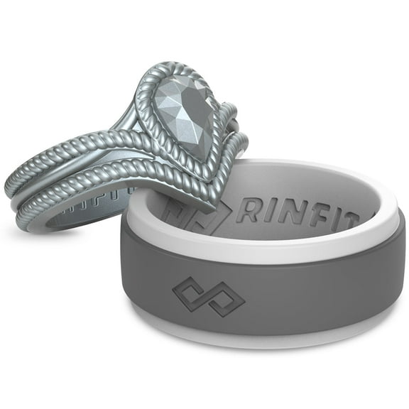 Rinfit Silicone Rings for Women & Men - Couple Sets Rubber Wedding Bands - Gray&Dark Gray, Diamond Silver