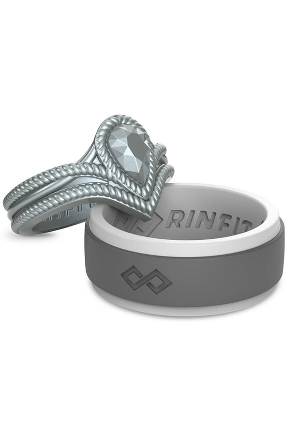 Silicone Rings for Women & Men - Couple Sets Rubber Wedding Bands - Gray&Dark Gray, Diamond Silver