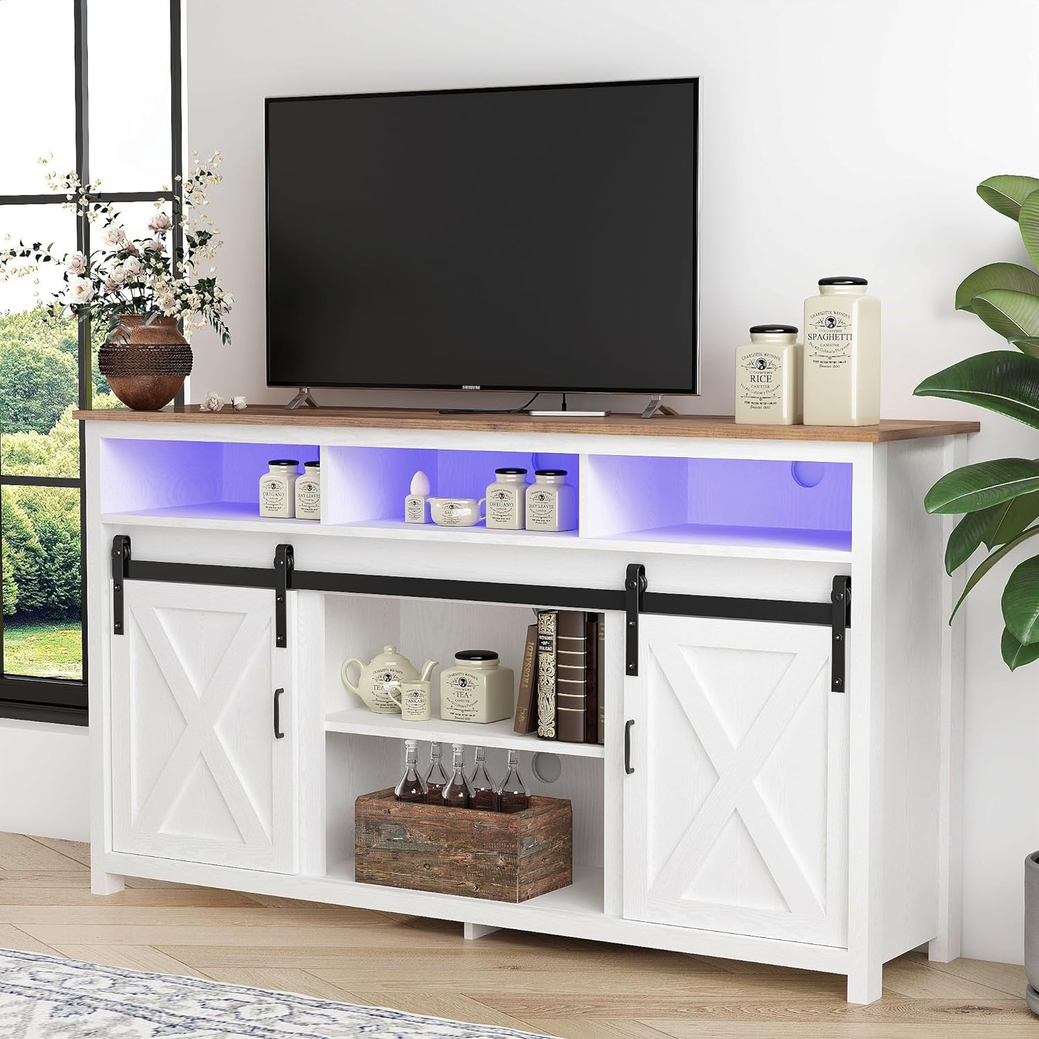 57" Farmhouse Coffee Bar Cabinet with LED Light & Outlet & Charging Port, Sliding Barn Door Buffet Cabinet Sideboard Kitchen Storage, White - image 5 of 10