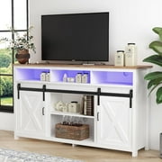 57 Farmhouse Barn Door Coffee Bar Cabinet with LED Light & Outlet & Charging Port, 4-Tier Buffet Cabinet Sideboard Kitchen Storage, White