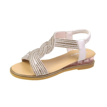 

Htigea Rhinestone Flat Sandals for womens Girls Low Wedge Sandals Cute Strappy Slip on Open Toe Slide Sandals Summer Comfortable Dress Bohemian Pearl Crystal Flat Sandals