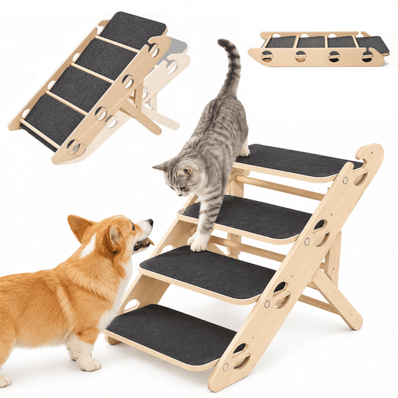 Foldable Dog Ramp for Bed, 4-Step Wooden Cat Ramp with Non-slip Surface, Portable Dog Steps Free Installation, Adjustable Ladders Ramp Suit Small Dogs, Pet Ramp for High Bed Sofa