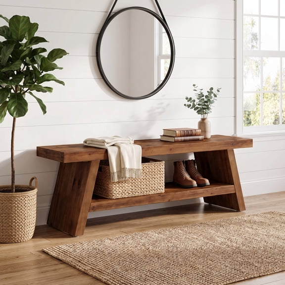Fnova 47.24 Inch Solid Wood 2-Tier Entryway Bench with A-Frame Shoe Storage, Multi-Functional Wooden Storage Bench for Entryway, Living Room, Bedroom, Dining Room