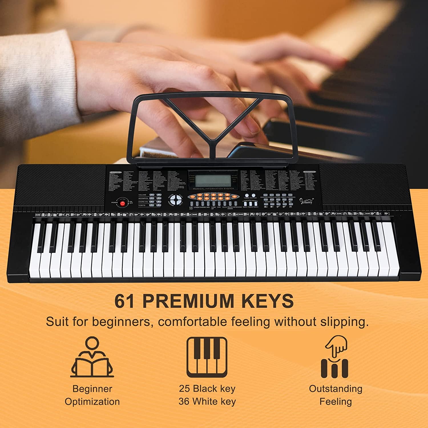 GLARRY 61-Key Portable Electronic Piano Keyboard w/LCD Screen, Microphone, Headphones, Sheet Stand, Power Supply, 3 Teaching Modes, Built-In Speakers, Dual Keyboard