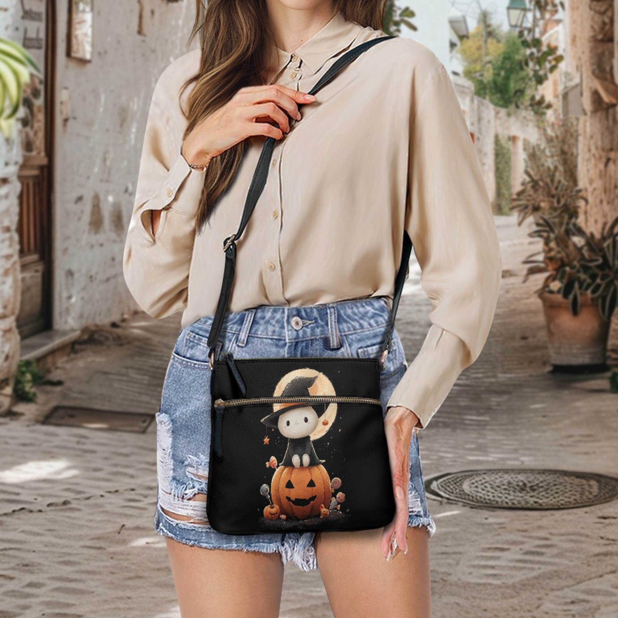 Kuiaobaty Ghost Pumkin Candy Print Crossbody Bag for Women Travel, Portable Waterproof Vegan Leather Hobo Purse Crossbody with Adjustable Strap, Multi Pockets Sling Handbag for Halloween