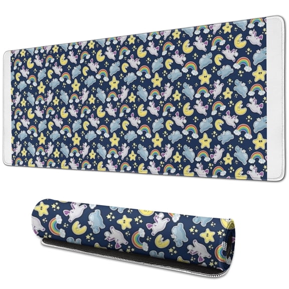 Long Mouse Pads for Desk,Dark Cartoon Unicorn Rainbow Star Cloud Desk Mats on Top Of Desks, Desk Mouse Pad Extra Large with 3mm Non-Slip Base and Stitched Edge for Gaming,Work,Home 31.5"x11.8"