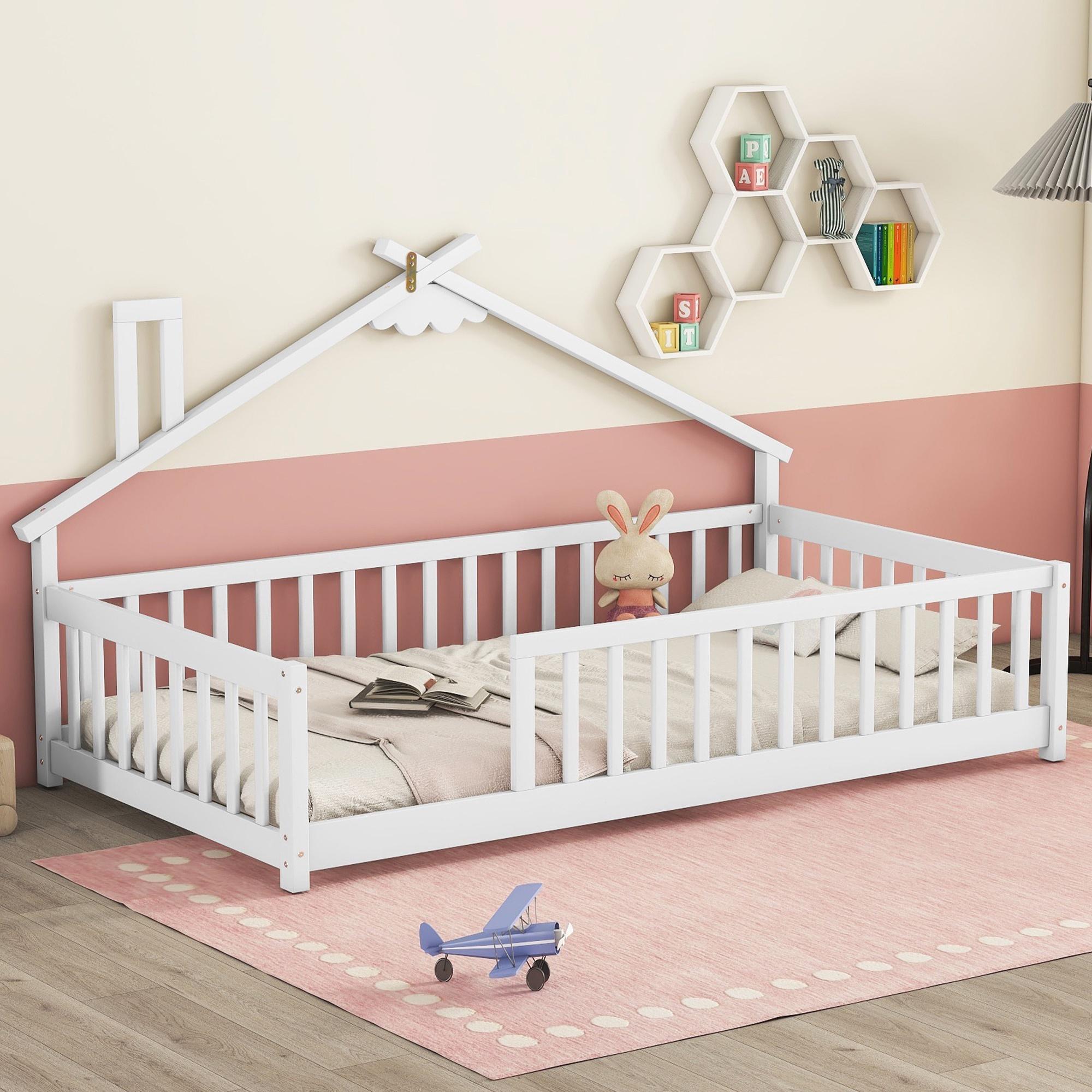PORKISS Kids Montessori Floor Bed, Twin Floor Bed with Fence for Girls and Boys, without Door, White