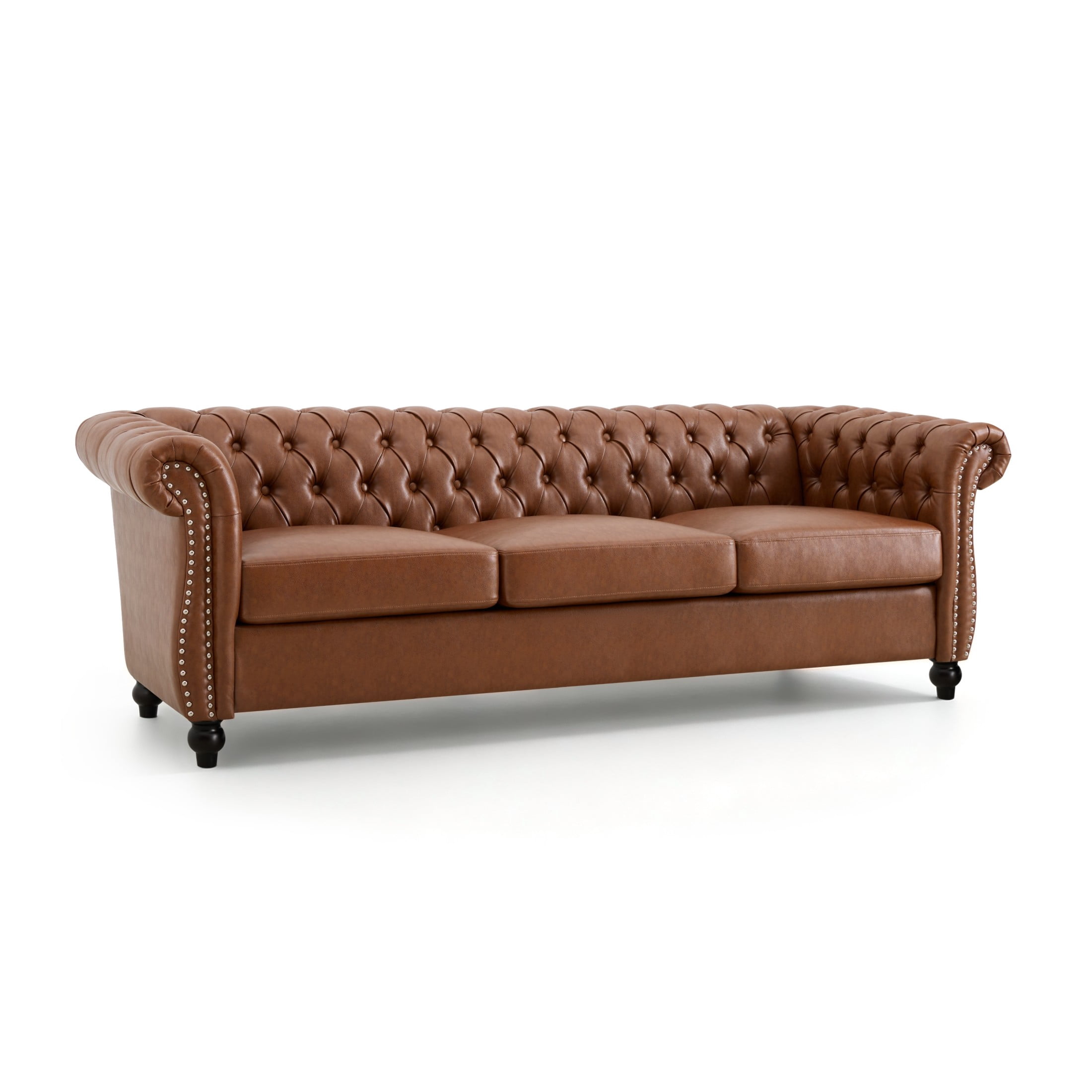 Christopher Knight Home Chesterfield 3-Seater Sofa, Tufted PU Leather Couch with Rolled Arms, Brown