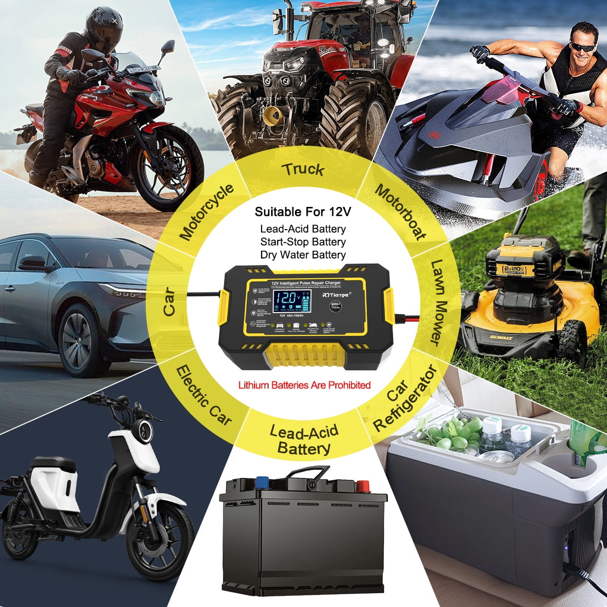 Automatic Battery Charger, 12V/6Amp Battery Maintainer, Smart Car Trickle Charger with Temperature Compensation Auto Stop for Car Truck Motorcycle Lawn Mower Boat Marine Lead Acid Batteries