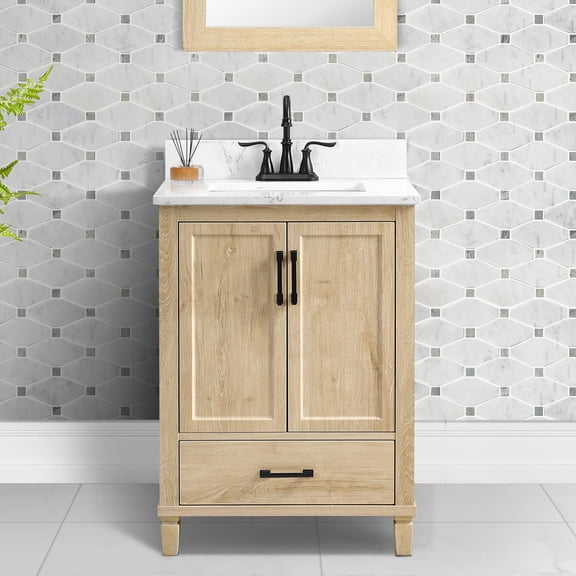 Hardin 24" Single Bathroom Vanity, 25" W x 19" D x 34.5" H, Carrara White Quartz Top, Sink & Backsplash, Light Wood, MDF, Pre-Assembled, 1 Soft-Close Drawers & 2 Doors, Adjustable Feet