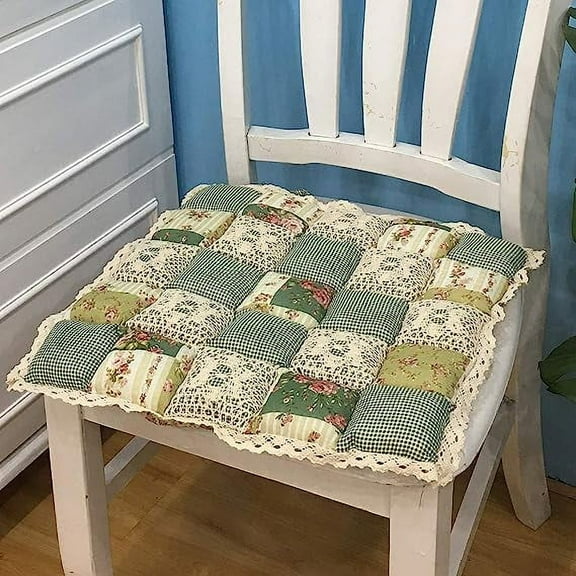 Firefly Hope 16"x16" Patchwork Chair Pad with Ties, Non-Slip Chair Cushion with Lace Trim, Farmhouse Floral Print for Kitchen Dining Seat, Green A