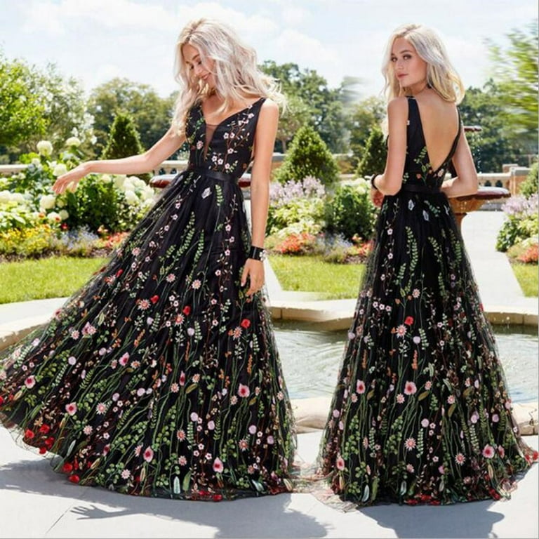 Floral Embroidered Tank Dress for Women Floor Length Sheer Mesh