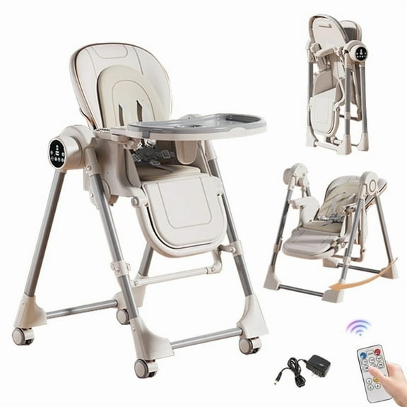 Electric 2 in 1 Baby High Chair Convertible Baby Swing Adjustable Seat for Eating,Folding Baby Dining Chairs with Remote Control, Unisex,WHITE