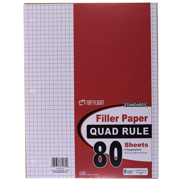 Top Flight Filler Paper Quadrille Rule 10.5 x 8 Inches 80 Sheets (81060) White
