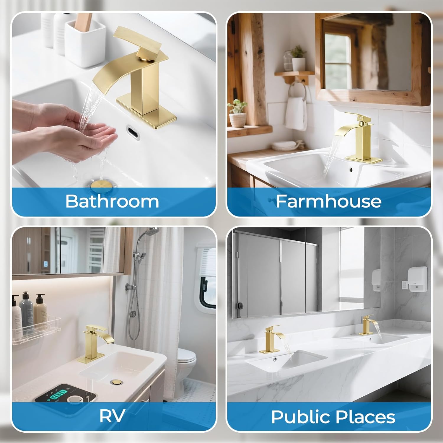 Brushed Gold Bathroom Faucets, Waterfall Bathroom Sink Faucet Modern Single Handle Bathroom Faucte 1 or 3 Hole, RV Mixer Tap Vanity Faucet - Includes Pop-up Drain Supply Hoses Deck Plate