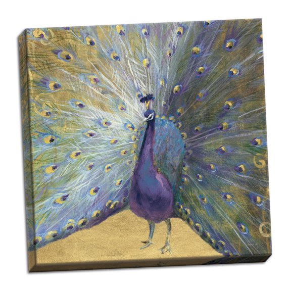 Gango Home Decor Contemporary Purple & Gold Majestic Bird Peacock; 1-16x16in Hand-Stretched Canvas Poster