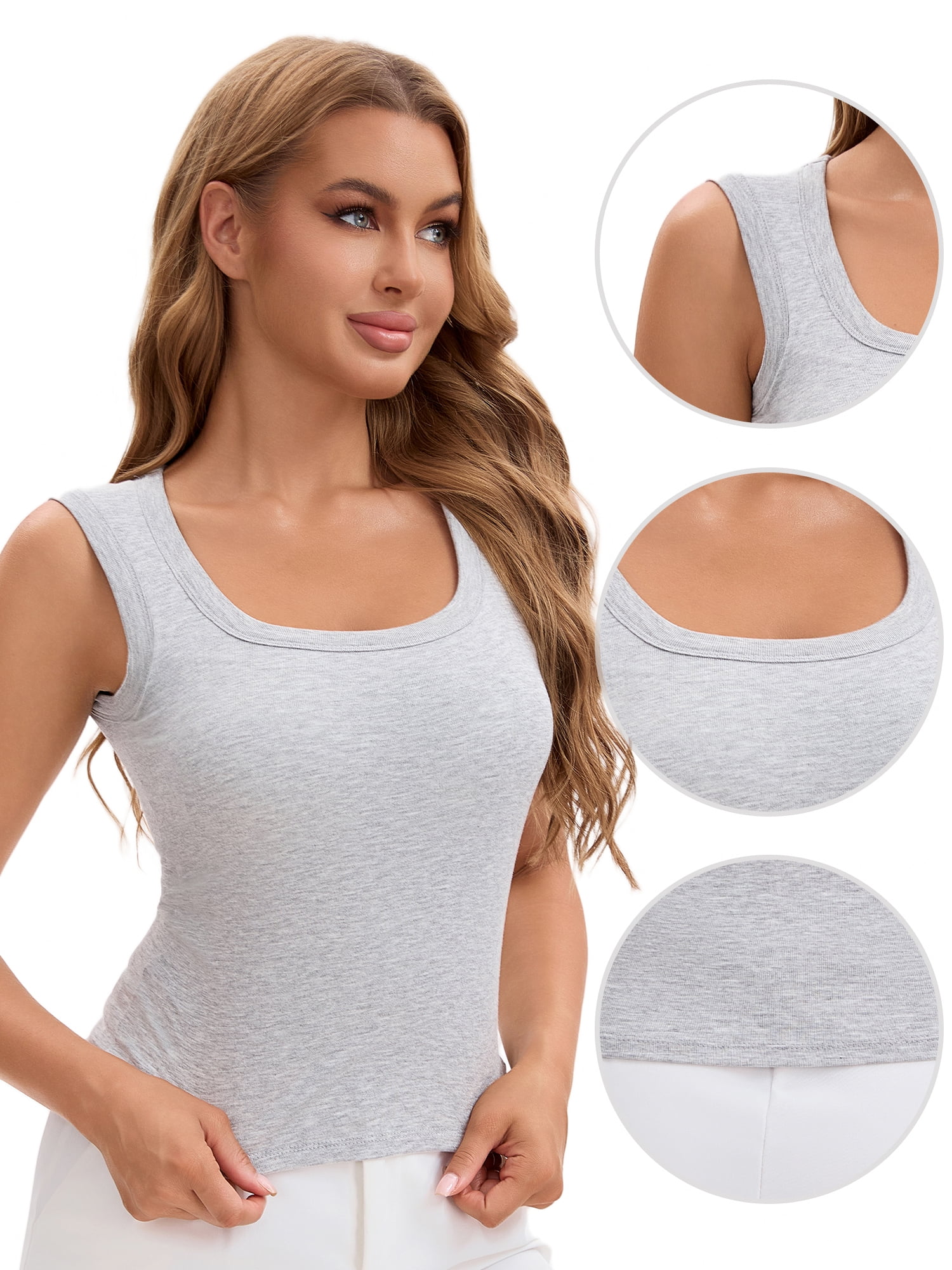 Unique Bargains Women's U Neck Tank with Built-In Bras S Light Grey
