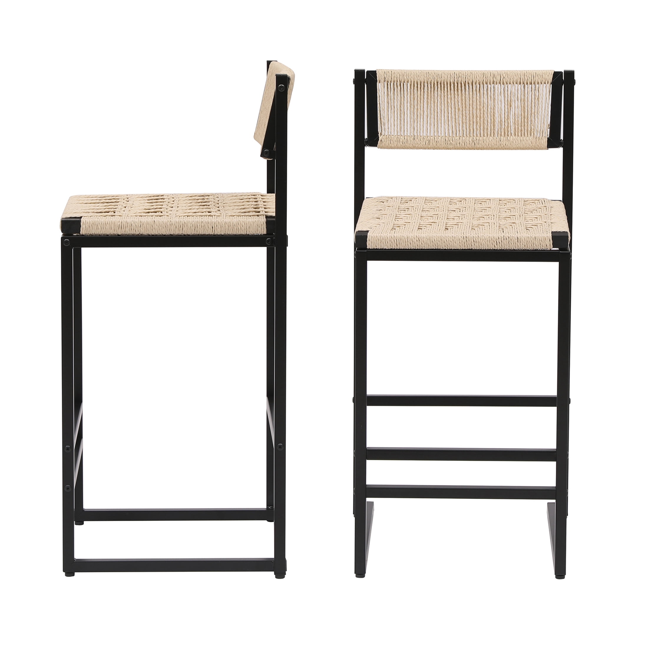 Noble House Paper Rope Bar Stools Set of 2 with Metal Frame & Footrest, Counter Height Chairs, Creamy White