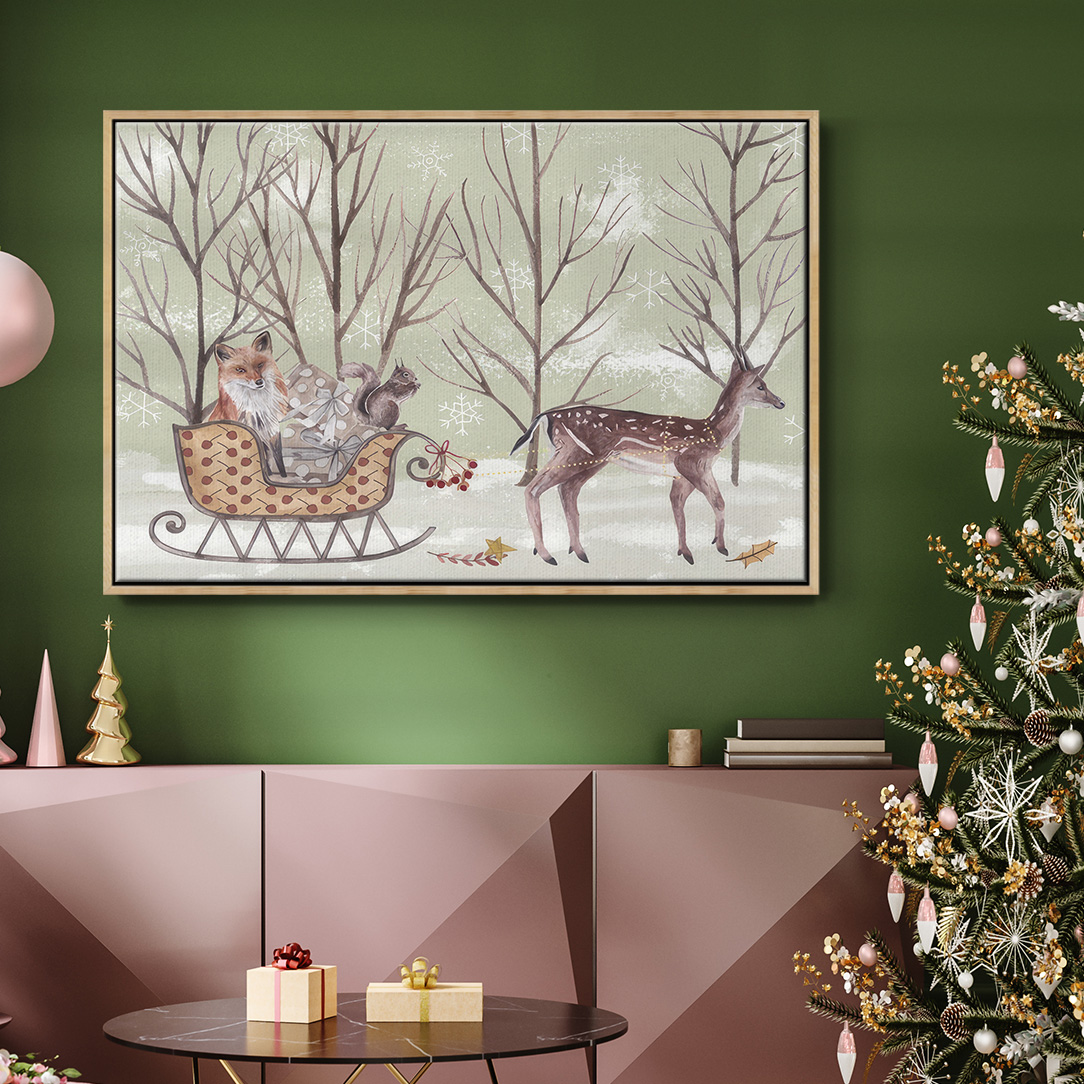 Christmas Time I - Framed Gallery Wrapped Holiday Canvas - 27 x 41 - Natural Wood Frame