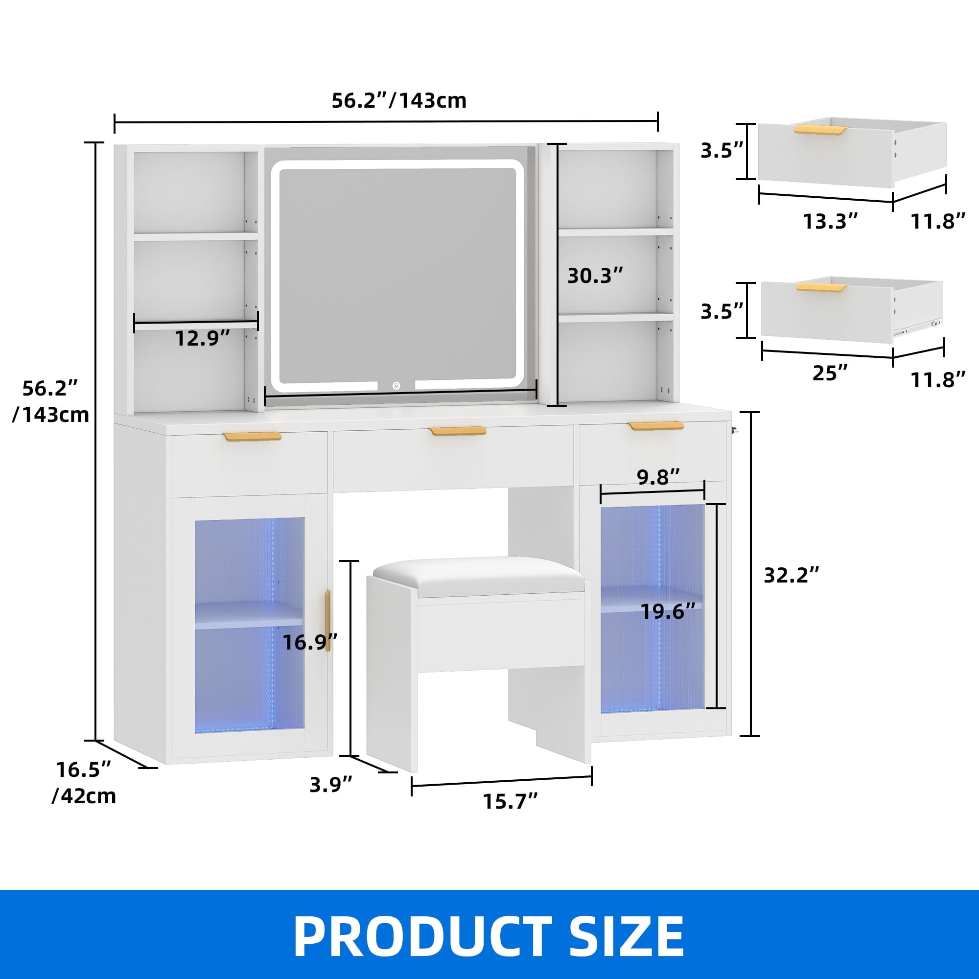 Uforic 56" Vanity Desk with LED Mirror, RGB Cabinets, Power Outlet, Shelves and Stool, White