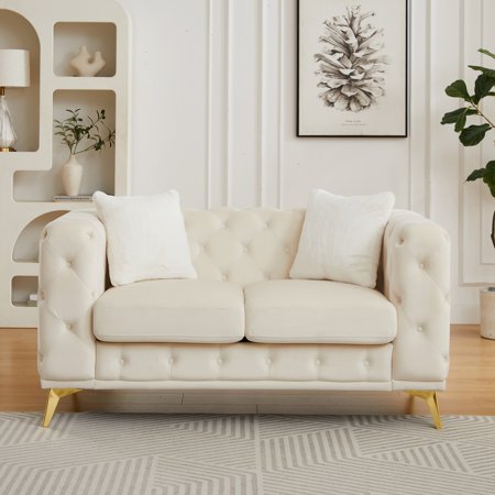 Classic Modern Sofa 61.25-Inch Chesterfield-Style Sofa with Tufted Detailing and Luxurious Velvet Upholstery Featuring 2 Throw Pillows and Metal Legs (Beige)