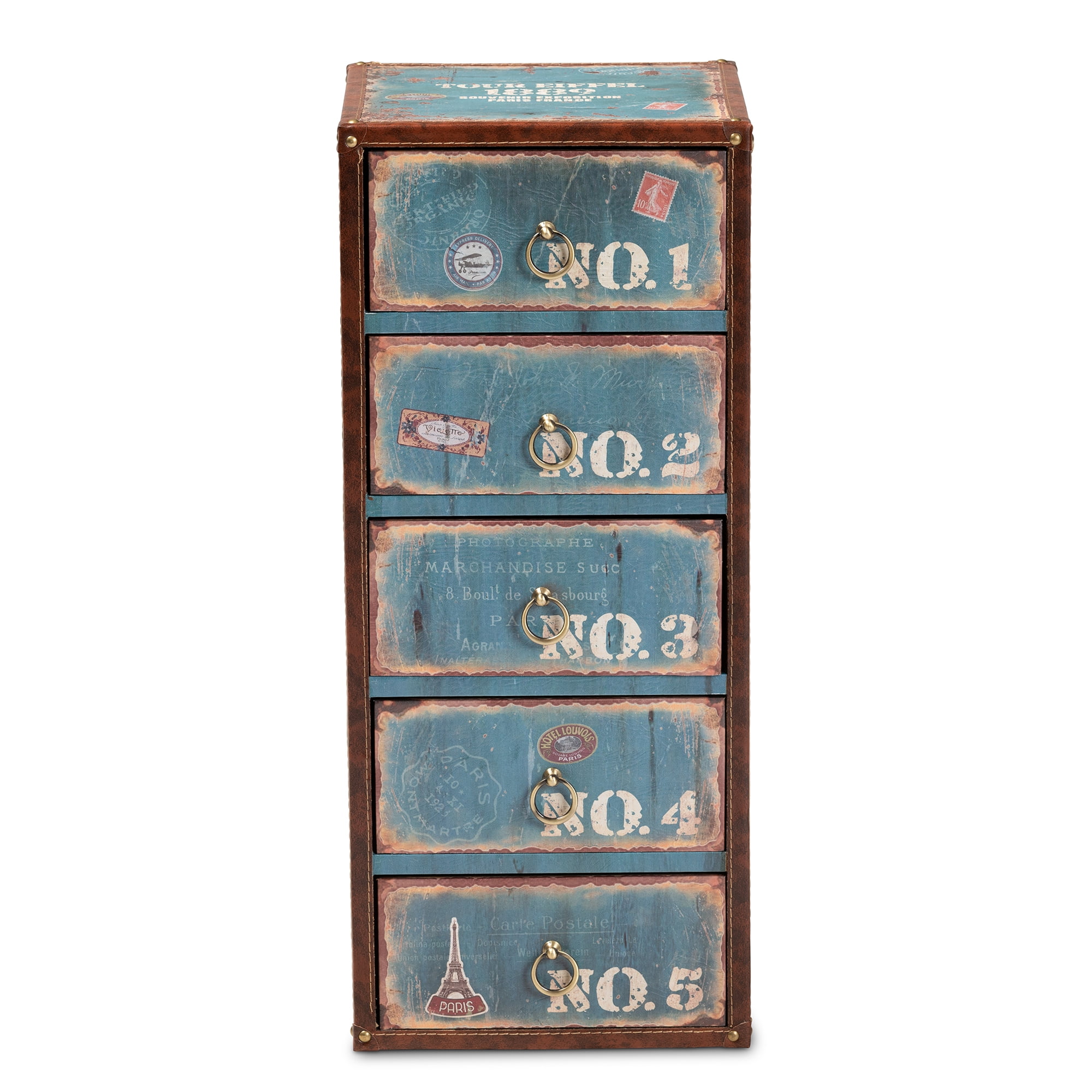 Baxton Studio Alba Vintage Rustic French Inspired Blue Finished Wood 5-Drawer Accent Storage Chest