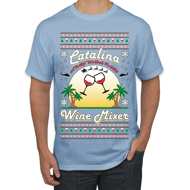 Wild Bobby, Step Bros Catalina Wine Mixer Xmas Holiday Movie Humor Ugly Christmas Sweater Men Graphic Tee, Light Blue, Medium