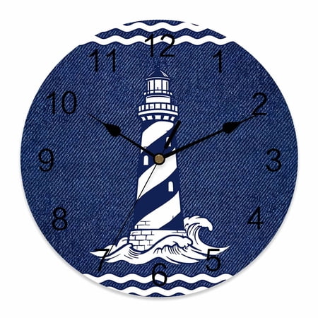 Wall Clock Nautical S Lighthouse Clocks PVC Silent Non-Ticking Battery Operated Coastal Denim Blue Stripes Round Clock for Home Living Room Kitchen Bedroom Office School Wall Decor 10 Inch