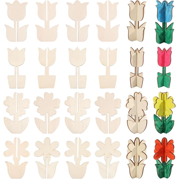 32Pcs Flower Wooden Spring Ornaments DIY Painting Decorations Adults 3D Paintable Unfinished Wood Slices Crafts