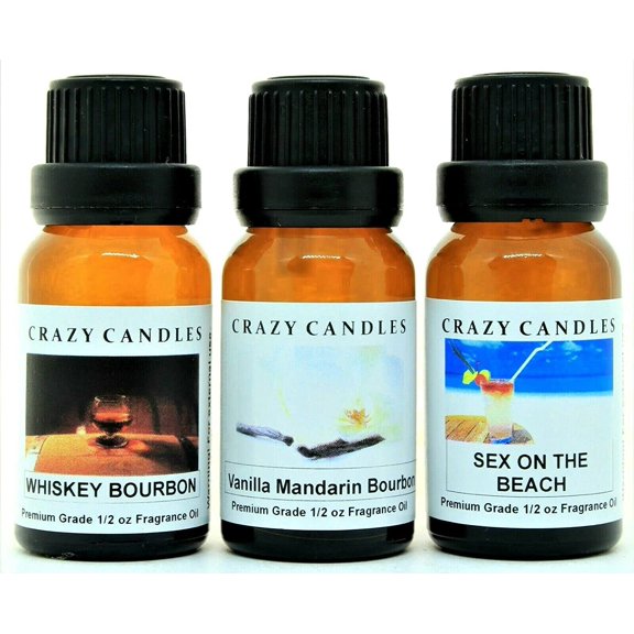 Crazy Candles 3 Bottle Set: Whiskey Bourbon, Sex on The Beach, Vanilla Mandarin Bourbon 1/2 fl oz Each (15ml) Premium Grade Scented Fragrance Oil Made in USA