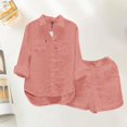 thumbnail image 3 of LEKODE Womens 2 Piece Linen Short Sets Summer Button Down Shirt Shorts Casual Lounge Beach Vacation Outfits with Pockets Watermelon Red L, 3 of 3