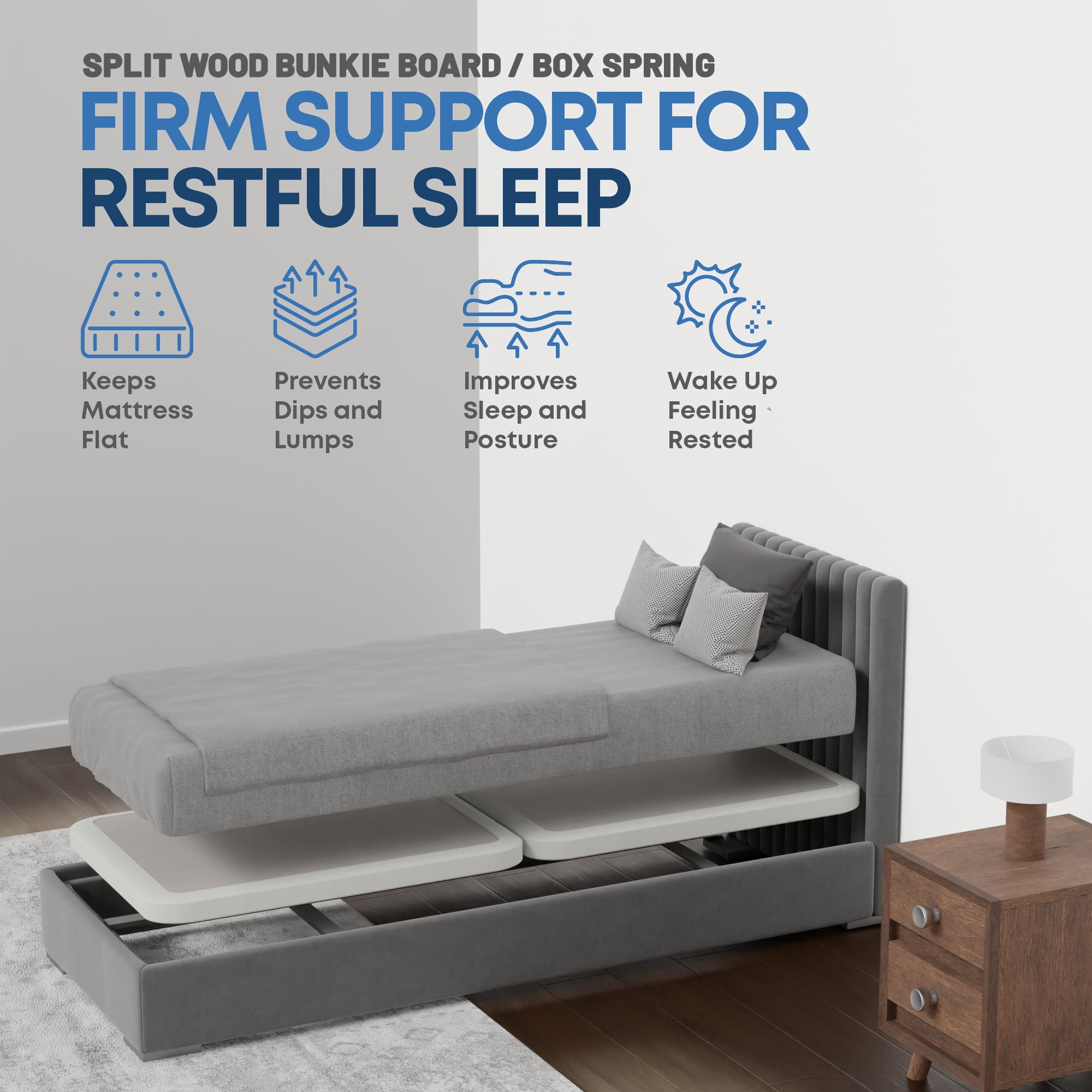Continental Sleep, Box Spring Bed Base Twin Size, 2-Inch Wood Mattress Foundation, Quiet Noise Free, 2-Pieces Under Mattress Support BoxSpring, Fully Assembled, White