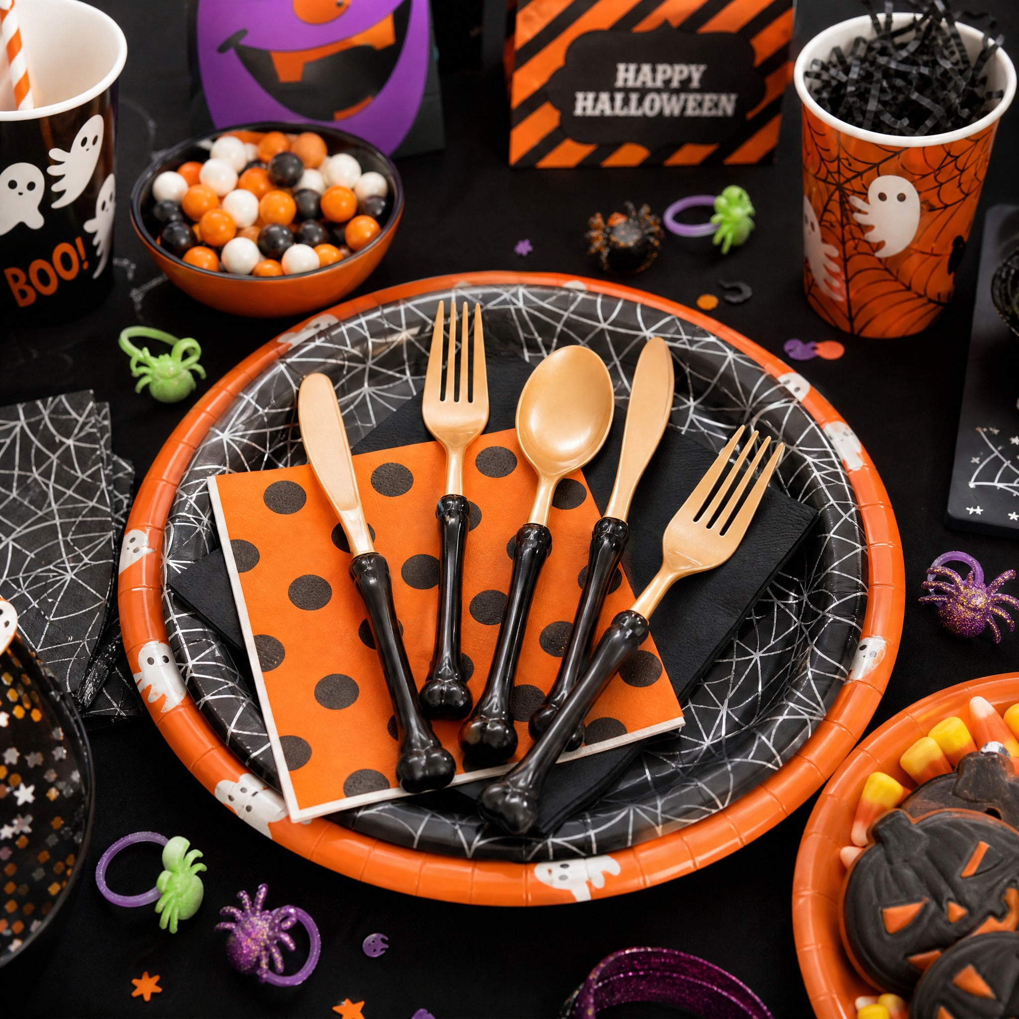 Bone Handle Plastic Disposable Cutlery Set, Gold and Black, 24 Pieces, Halloween by Way To Celebrate
