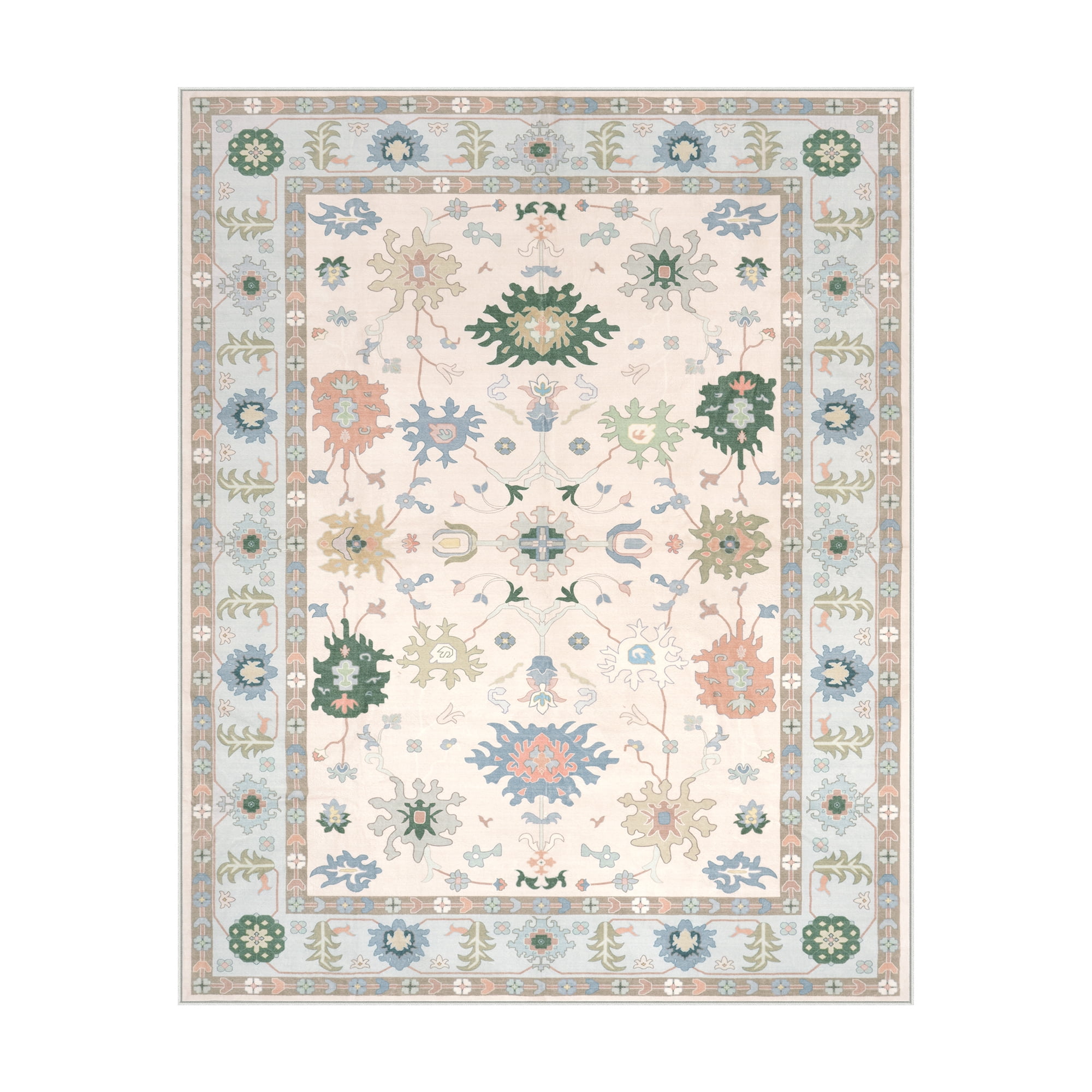 Lahome Decor 8'x10' Modern Oushak Washable Rugs,8x10ft Boho Area Rug for Living Room,Stain Resistant Soft Bedroom Rug, Ultra-Thin Cream Colorful Vintage Floral Rugs for Farmhouse Dining Room,Blue
