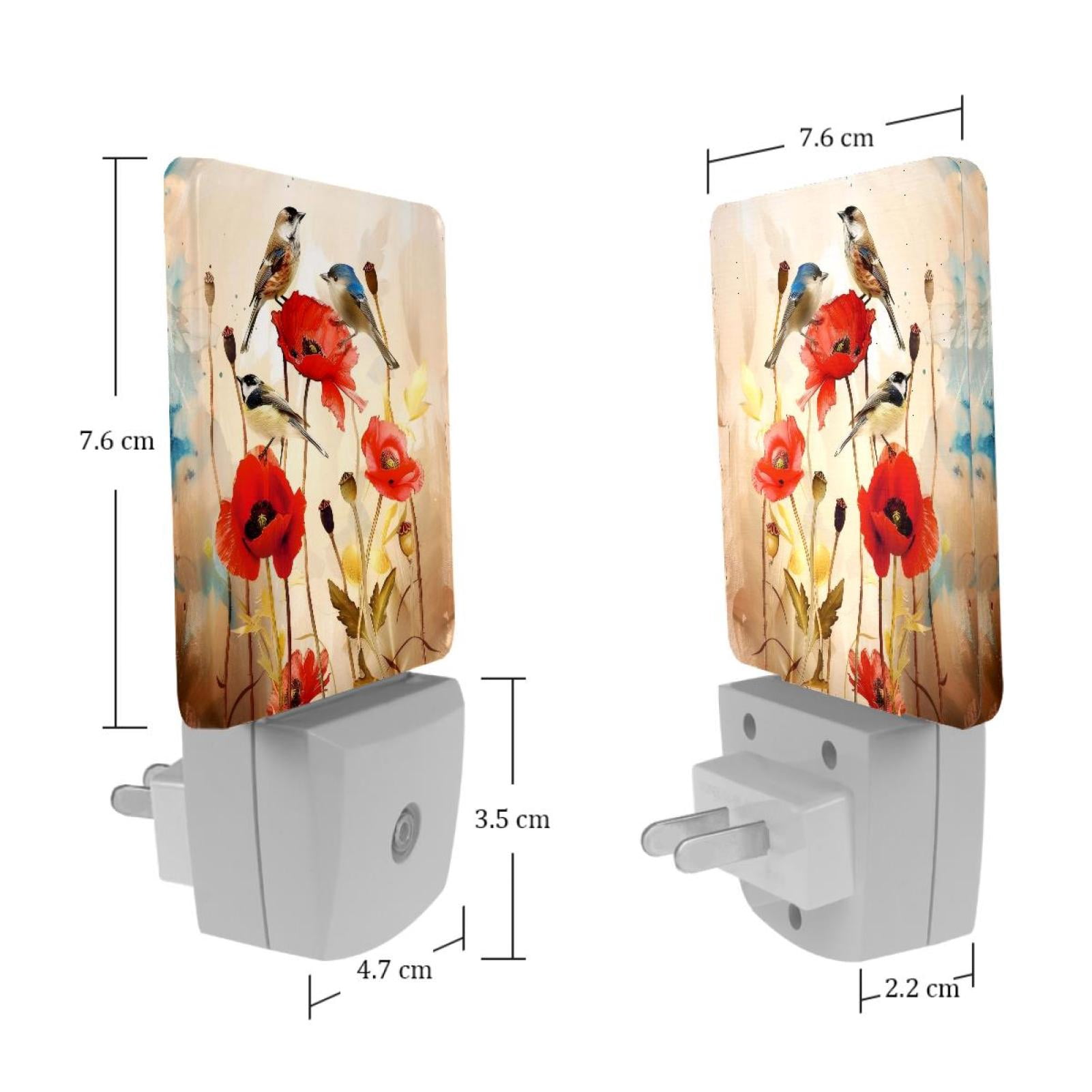 PhooArto Birds Poppy Floral Plug in LED Night Light Auto Sensor Dusk to Dawn Decorative Night for Bedroom, Bathroom, Kitchen, Hallway, Stairs, Baby's Room, Energy Saving
