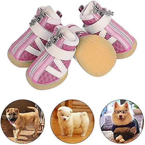 Zapatos para perros, 4 botas protectoras reflectantes antideslizantes con correa ajustable para perros pequeños y medianos, fáciles de poner, protección para las patas del perro (n.° 1, rosa)
