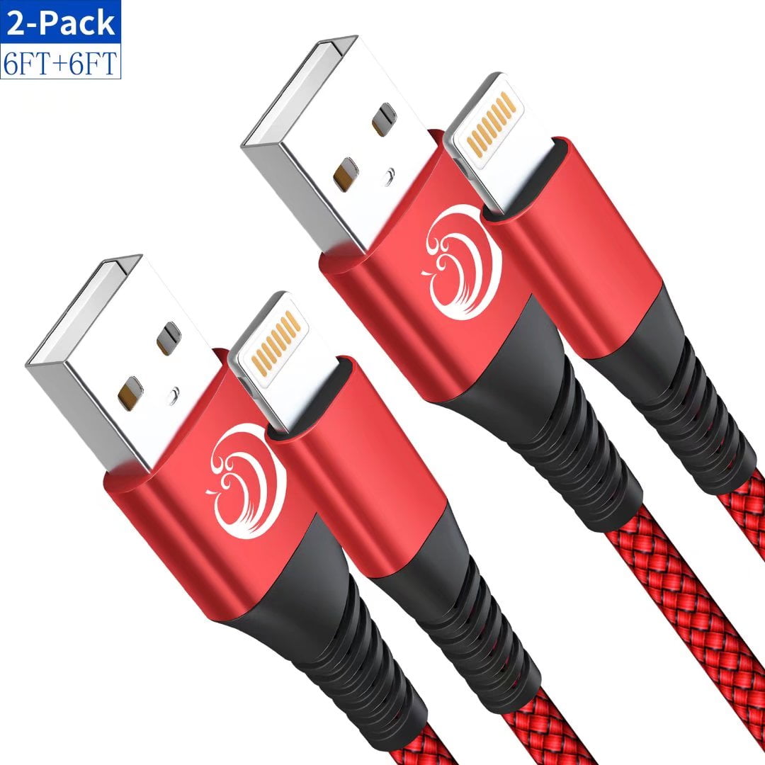 iPhone Charger Cable 6FT Fast Charging Cable Cord Nylon Braided USB Data Sync Charge Compatible for iPhone 13 12 11 Pro Max XR X Xs Max 8 7 Plus 6S 6 5 iPad 2-Pack Red