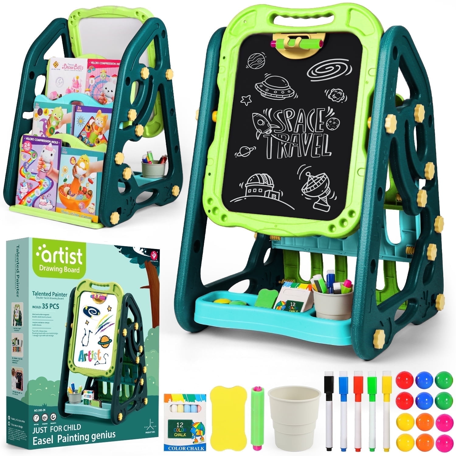 UUSUOO Easel for Kids,Double Sided Art Easel with Magnetic White Board & Chalk Board,Adjustable Standing Kids Easel with Painting Accessories,Christmas Gift for Boys Girls Age 2-6,Green