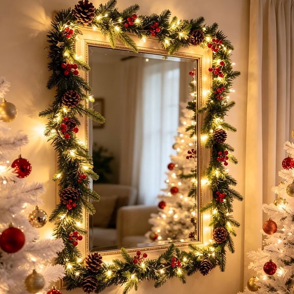 Christmas Lighted Garland, Pinecone Berry Rattan with Warm Lights and Flexible Branches, Holiday Mantel Decor for Fireplace Staircase Doorway Porch Farmhouse Party Displays