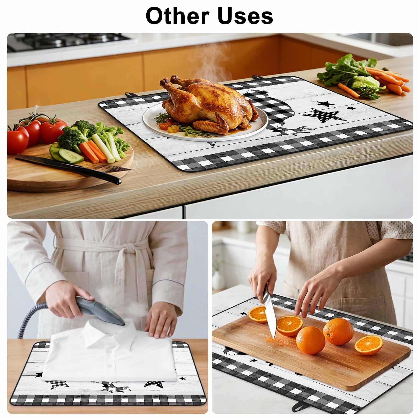 Chicken Hen Stove Top Cover for Electric Stove,Heat-proof & Non Slip Glass Top Stove Cover Protector,Rooster Animals Farmhouse Plaid Country White Wooden Kitchen Flat Cooktop Rubber Mat 24x21 Inches
