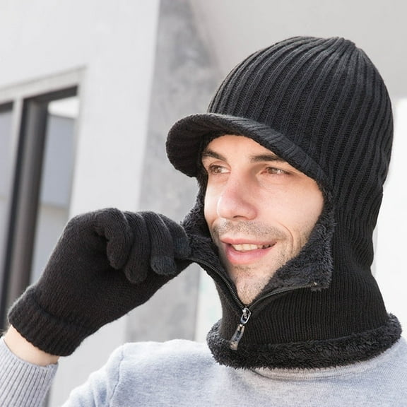 SikaFu Thick Warm Winter Hat Glove Set Men Riding Earflap Cap Male Knitted Hat with Scarf Men PCS Fleece Lined Winter Accessory