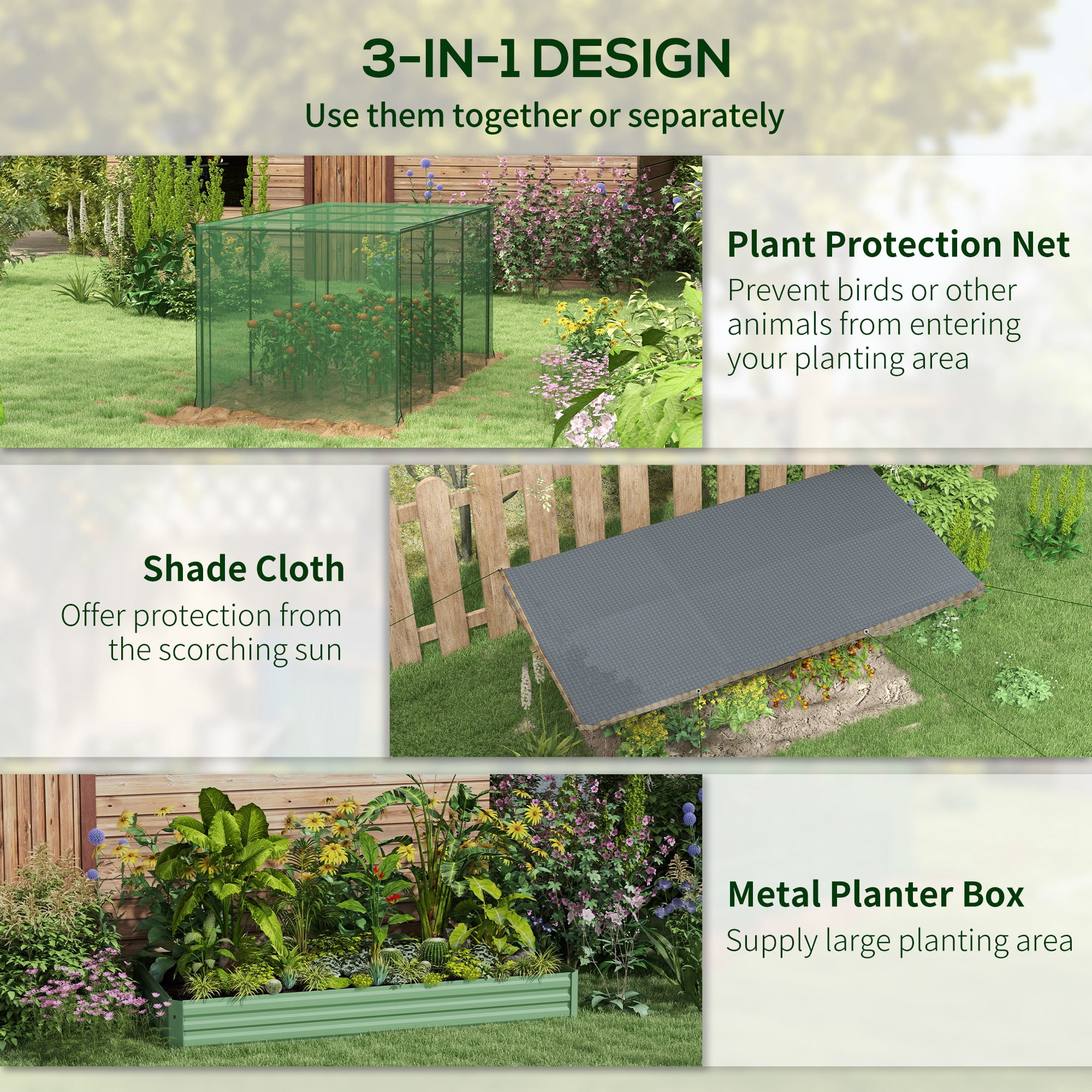 Outsunny Galvanized Raised Garden Bed with Crop Cage & Shade Cloth, Green