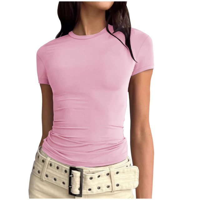 AherBiu Hauts Grande Taille pour Femmes Basiques Couleur Unie Col Rond Manches Courtes Ajustés Extensibles Confortables T-Shirts Hauts