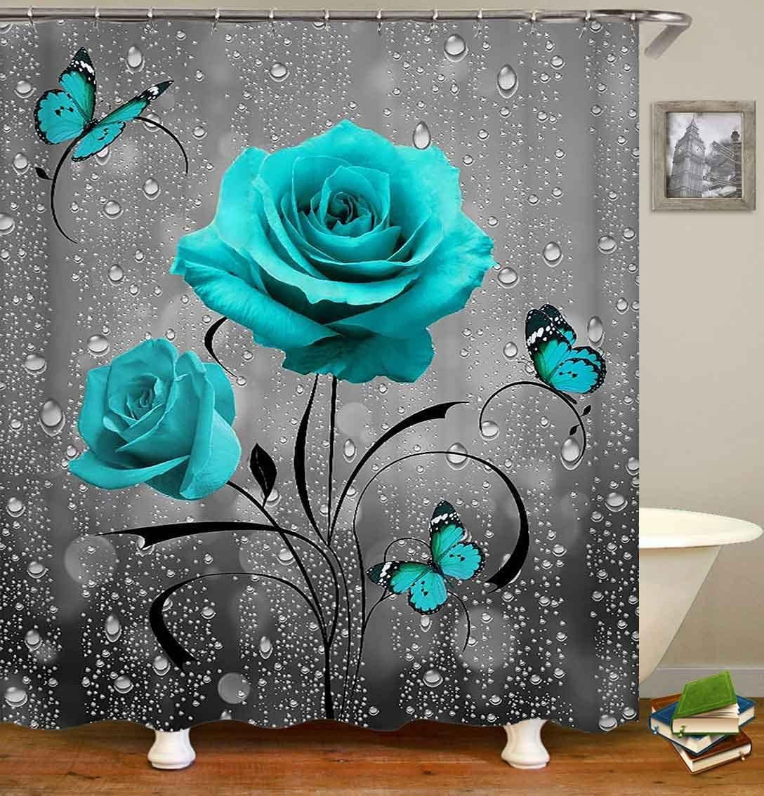 4PCS Farmhouse Shower Curtain Set, Bless This Home Cotton Flower Teal Pitcher Vase Moroccan Country Rustic Bathroom Decor, Waterproof Fabric White Shower Curtain, Non-Slip Bath Mat Toilet Rug