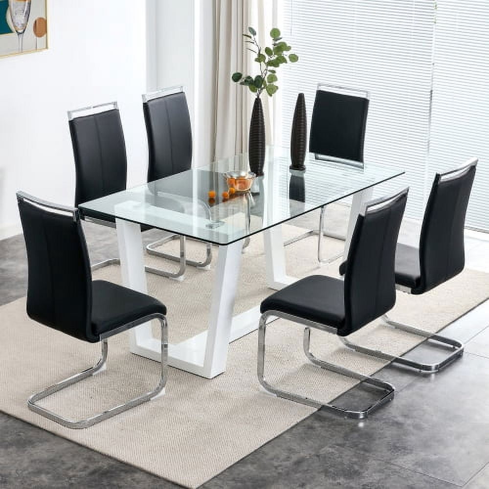 BSHTI Glass Dining Table Large Modern Minimalist Rectangular for 6-8 with 0.4" Tempered Glass Tabletop and white MDF Trapezoid Bracket,For Kitchen Dining Living Meeting Room Banquet Hall