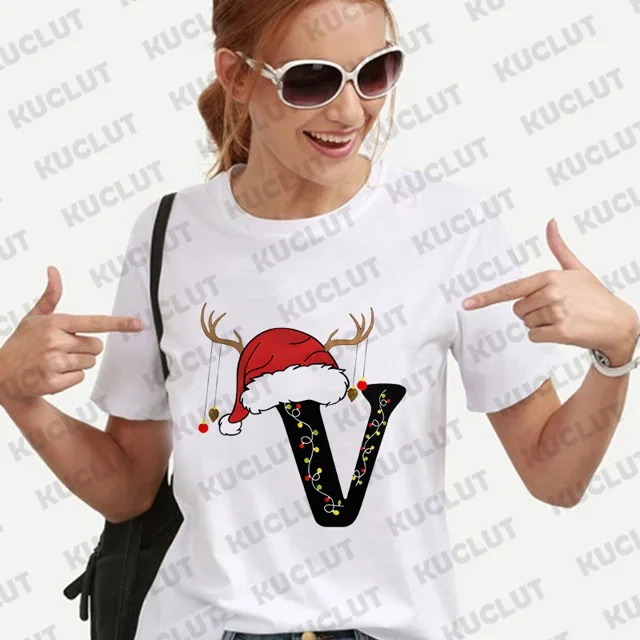 Camiseta navideña a juego para la familia, ropa de mujer a la moda, 26 letras del alfabeto, camisetas gráficas estampadas, ropa de calle, camisetas de manga corta