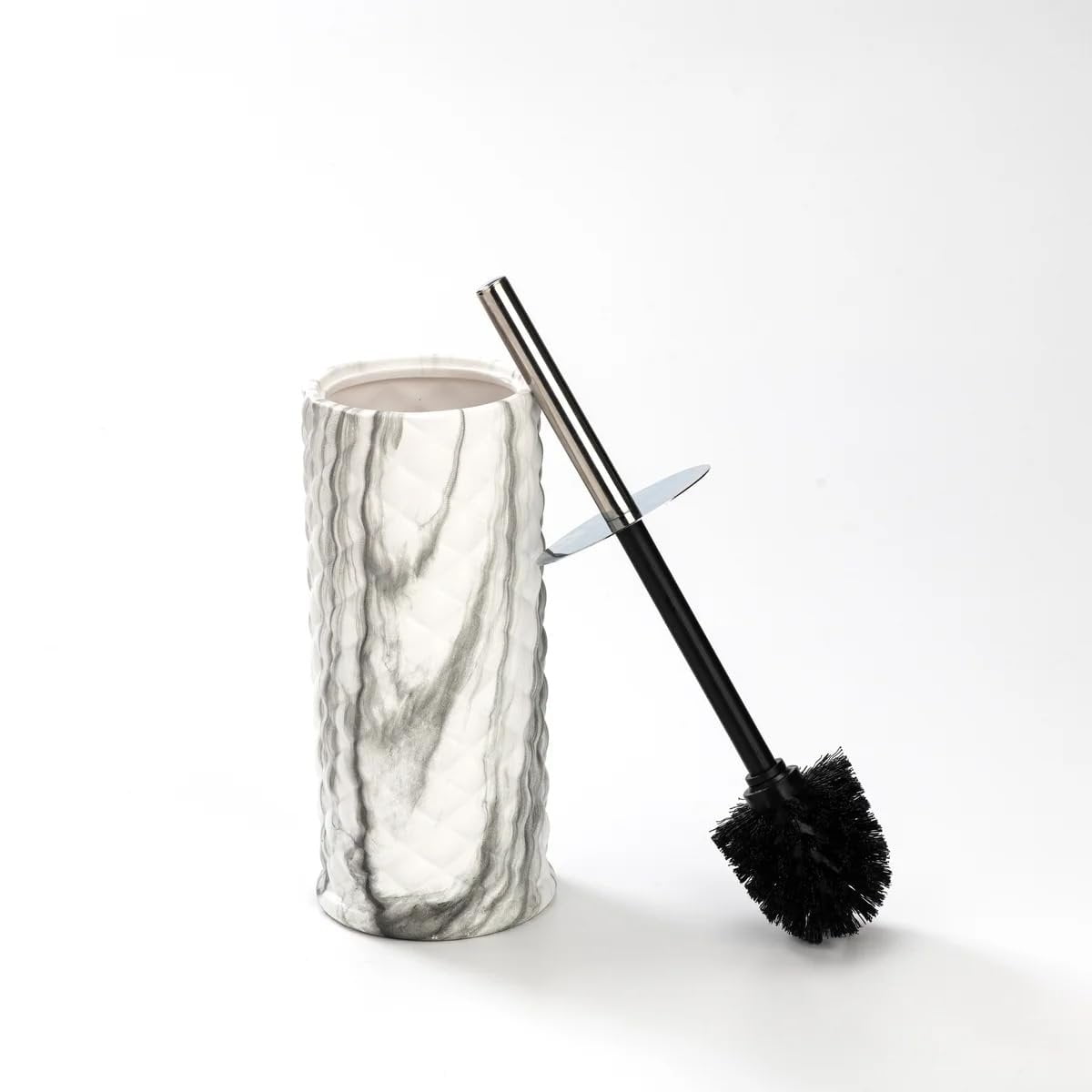 J&V TEXTILES Ceramic Toilet Brush, Toilet Bowl Brush with Extra Long Handle Durable Bristles Toilet Scrubber and Covered Holder for Toilet Brush Set for Bathroom Cleaning Chrome/Marble
