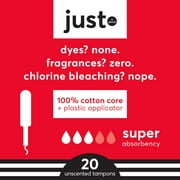 just. Cotton Core Tampons, Plastic Applicator, Super Absorbency, 20 Ct