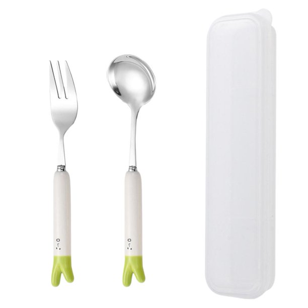 CAIROYAR Lindo juego de cuchara y tenedor de acero inoxidable con mango de cerámica, cuchara de dibujos animados de Mal Ani